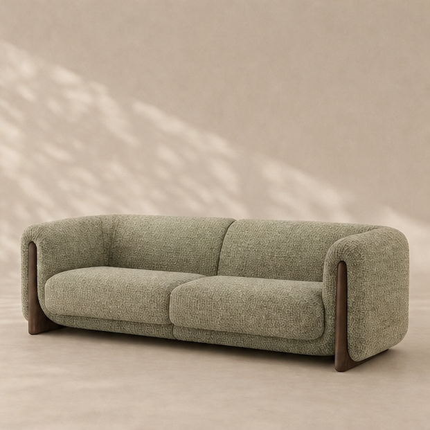 Serene upholstery, warm wood embrace.