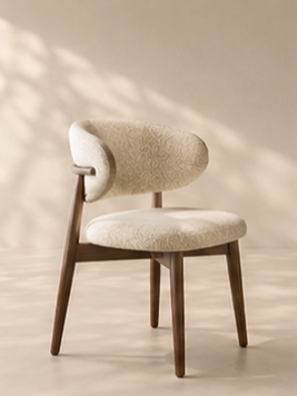 Sculpted wood and boucle dining chair