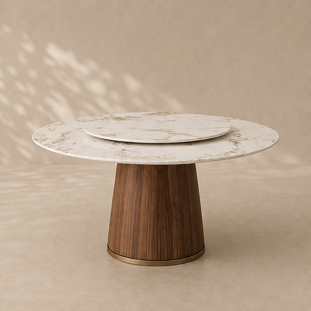 Marbled top walnut pedestal dining table