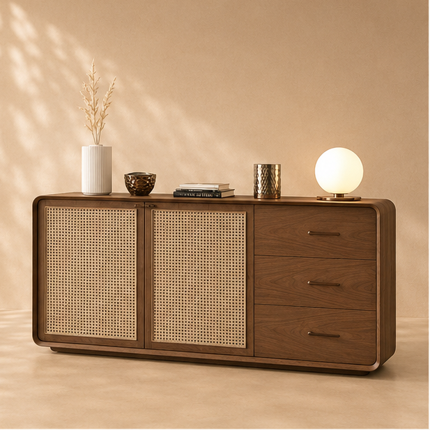 Rattan Cane & Walnut Sideboard