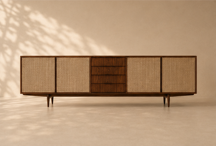 Mid-Century Cane and Walnut Sideboard
